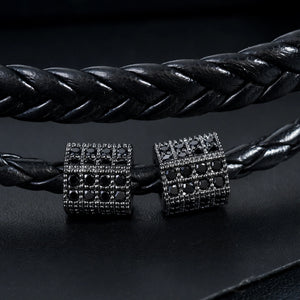 Black Leather Cord Bracelet with Pave-Set Beads - close-up detail
