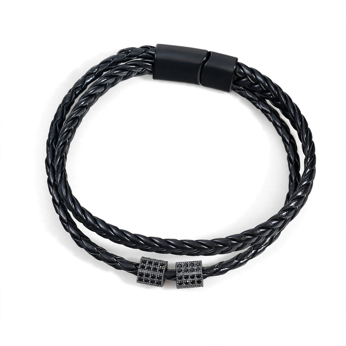 Black Leather Cord Bracelet with Pave-Set Beads - main product image