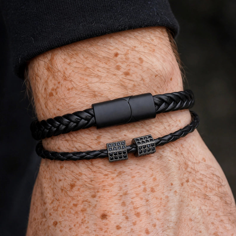 Black Leather Cord Bracelet with Pave-Set Beads - worn on model