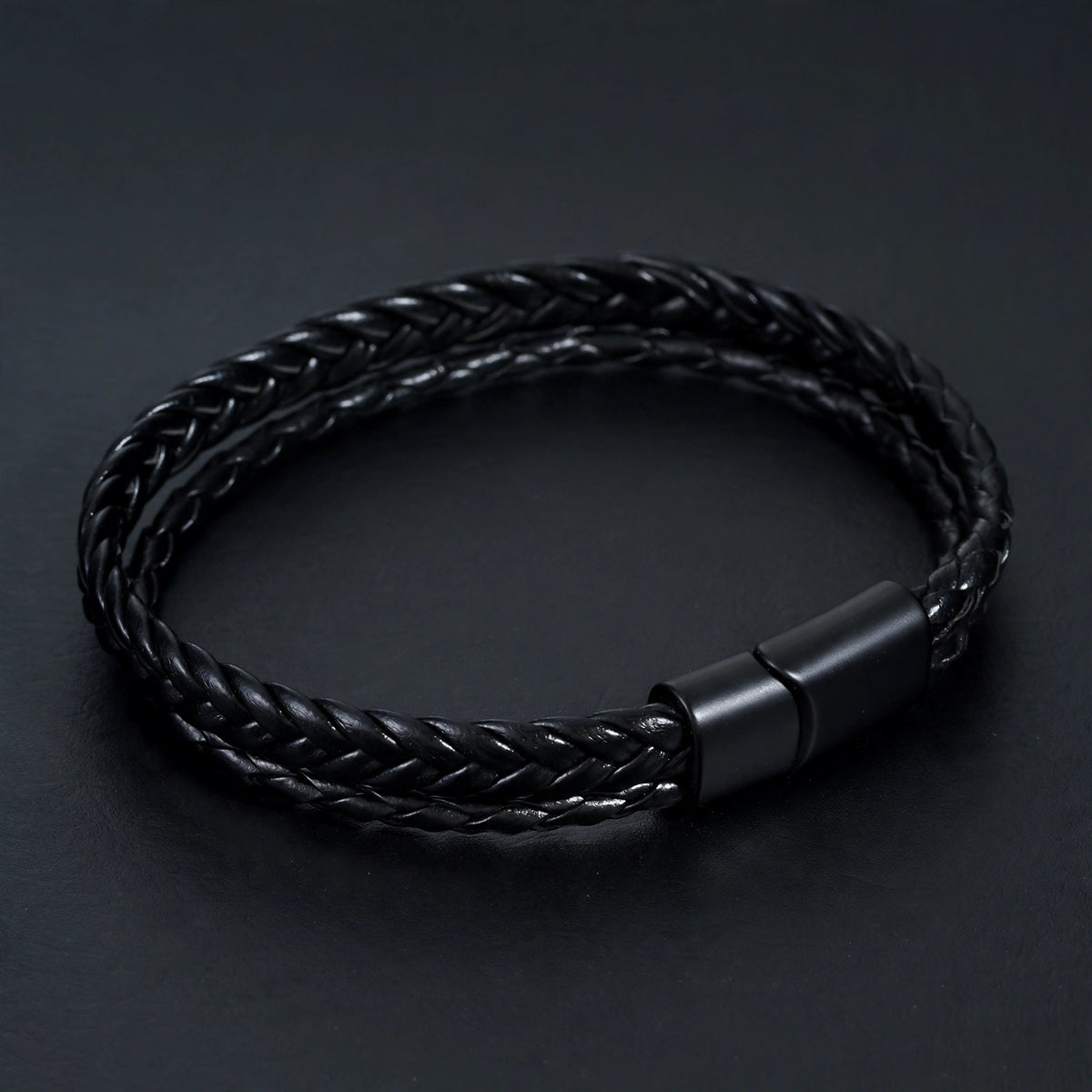 Black Leather Cord Bracelet with Pave-Set Beads - side angle
