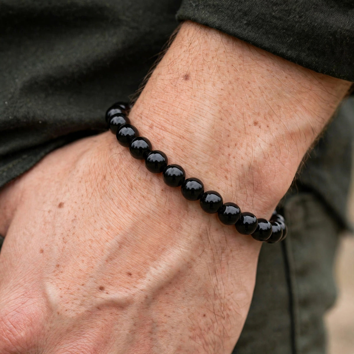 Men's Black Bead Bracelet - worn on model