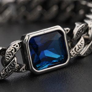 Oxidised Cuban Link Bracelet with Blue Crystal - close-up detail