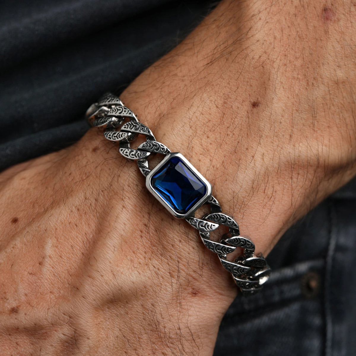 Oxidised Cuban Link Bracelet with Blue Crystal - worn on model