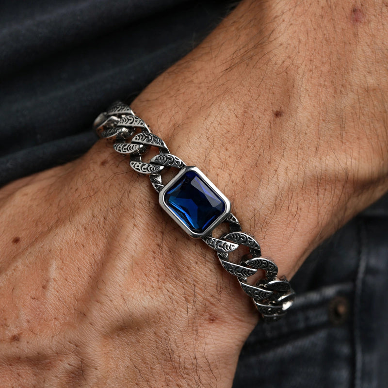Oxidised Cuban Link Bracelet with Blue Crystal - worn on model