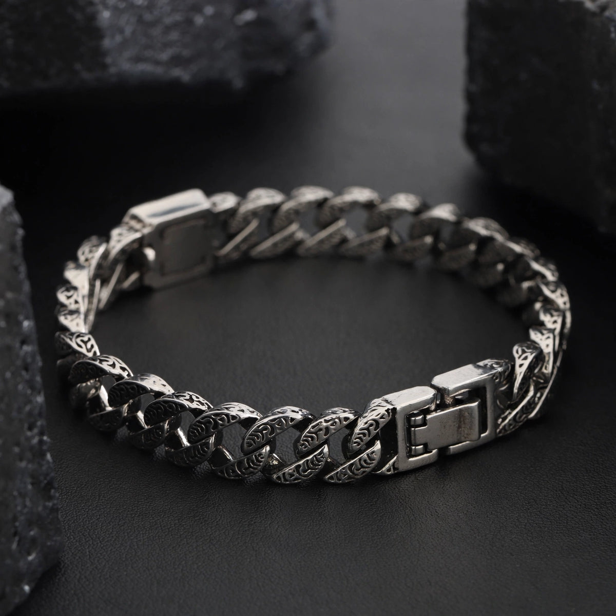 Oxidised Cuban Link Bracelet with Blue Crystal - side angle