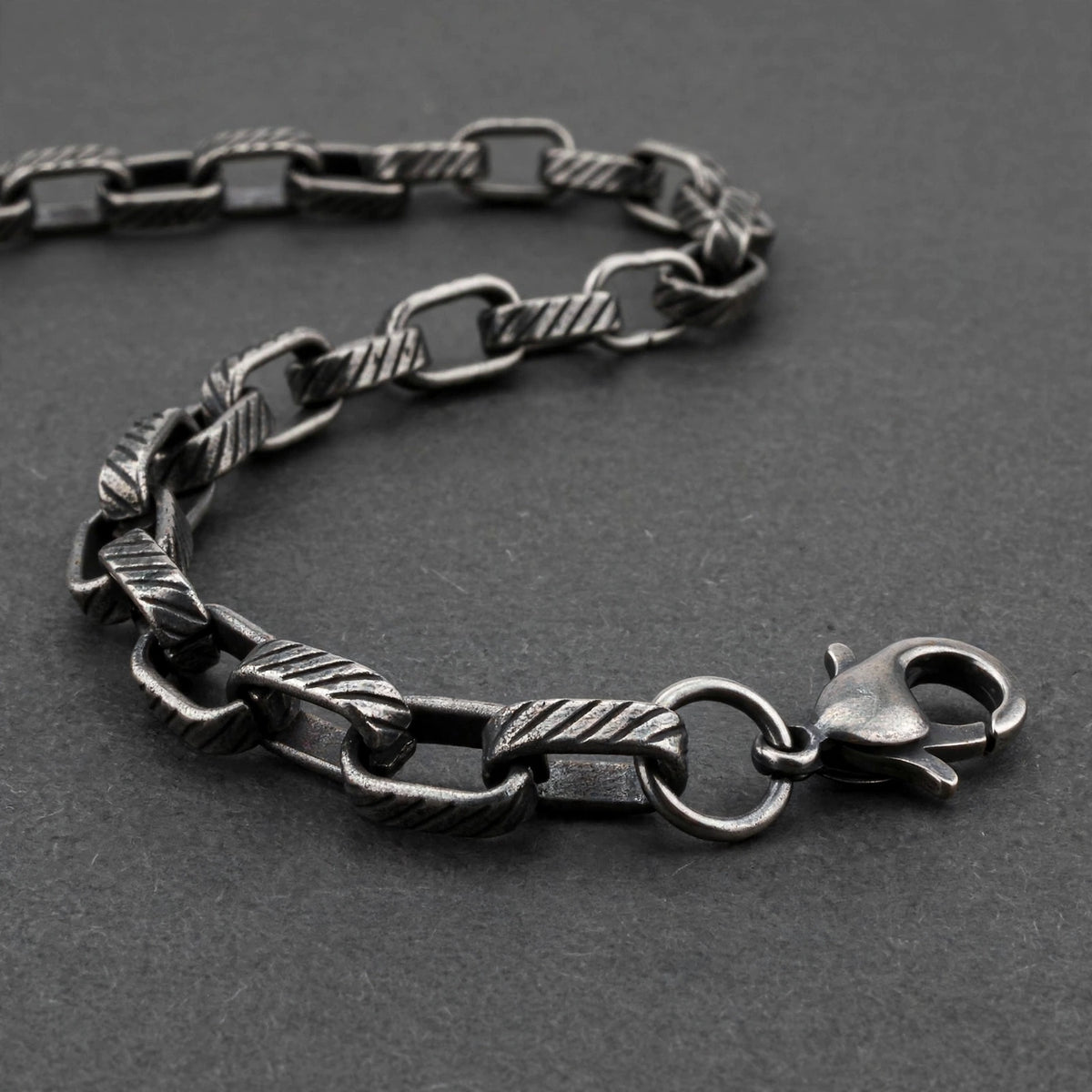 Oxidised Striped Link Men's Bracelet - side angle