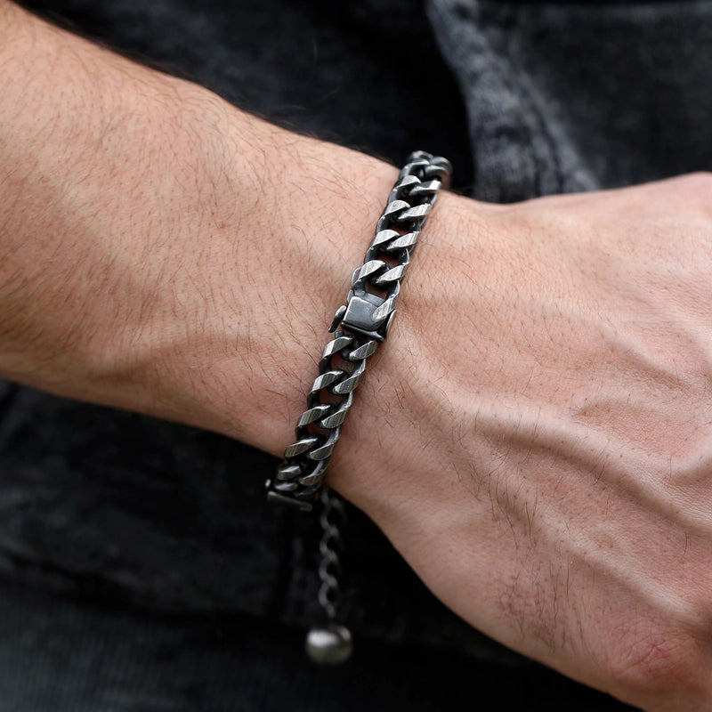 Oxidised Cuban Link Steel Bracelet - worn on model
