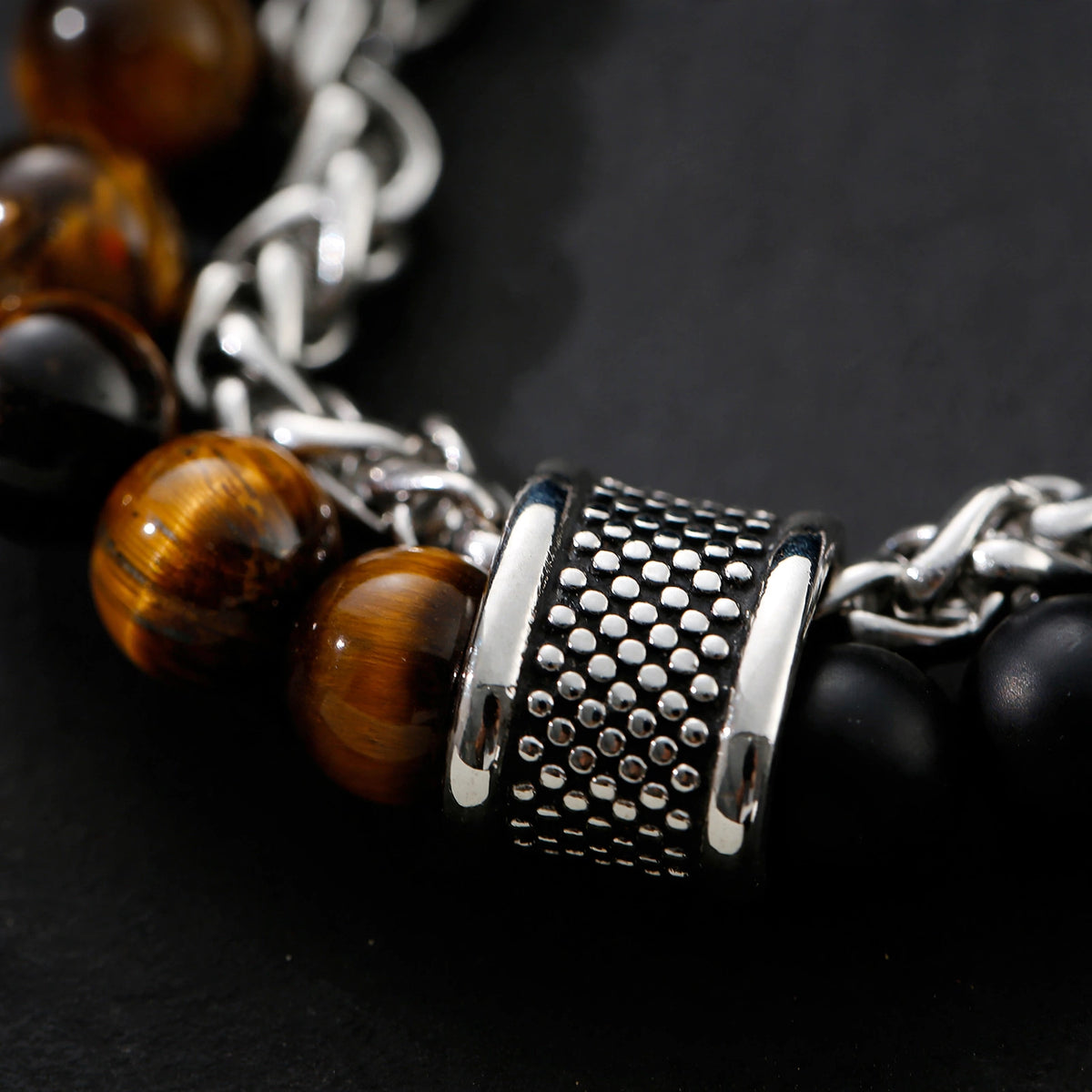 Silver-Tone Bead-And-Chain Split Band Men's Bracelet - close-up detail