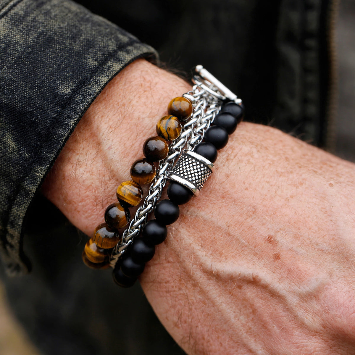 Silver-Tone Bead-And-Chain Split Band Men's Bracelet - worn on model