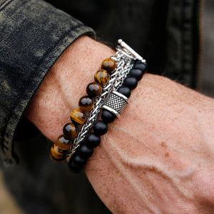 Silver-Tone Bead-And-Chain Split Band Men's Bracelet - worn on model