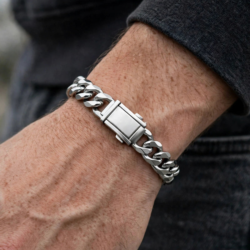 Silver-Tone Cuban Link Bracelet with Beveled Edges - worn on model