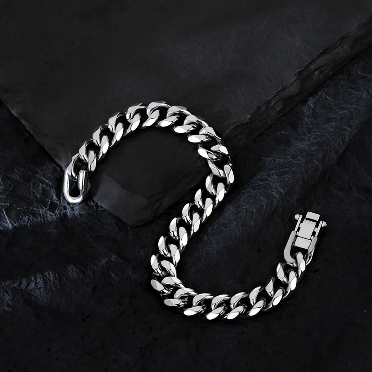 Silver-Tone Cuban Link Bracelet with Beveled Edges - side angle