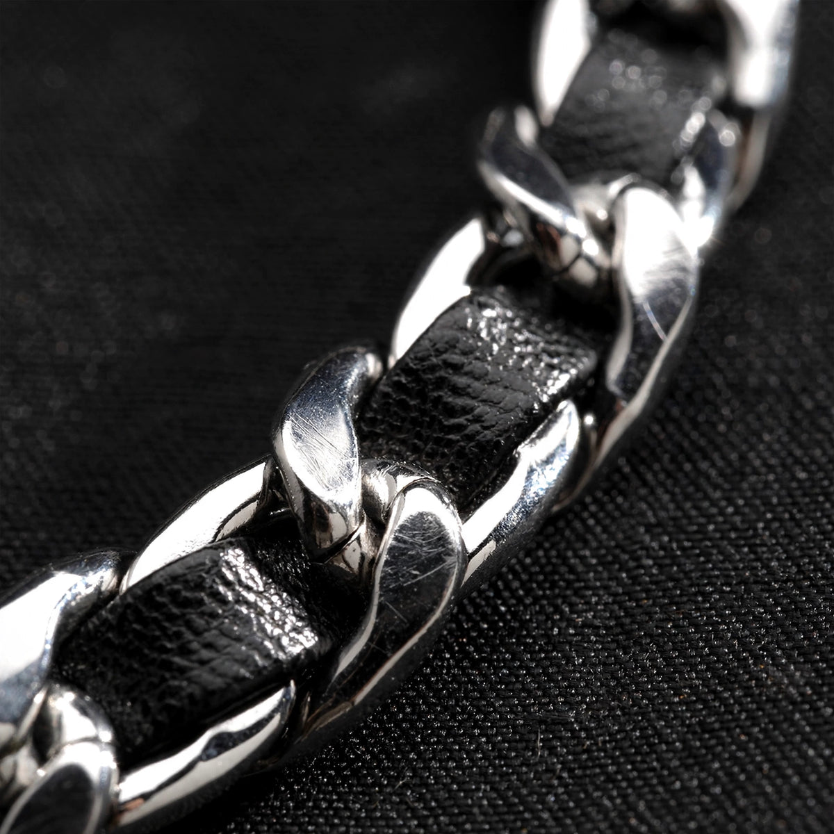 Silver-Tone Leather-Woven Curb Chain Bracelet - close-up detail