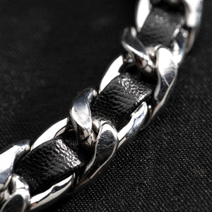 Silver-Tone Leather-Woven Curb Chain Bracelet - close-up detail