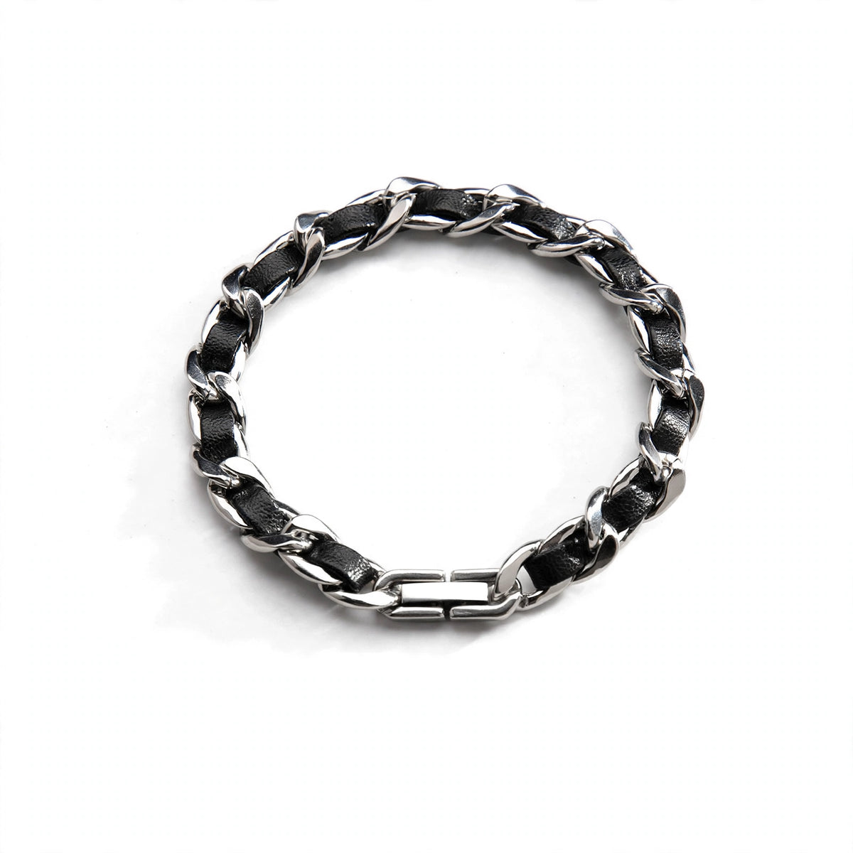 Silver-Tone Leather-Woven Curb Chain Bracelet - main product image