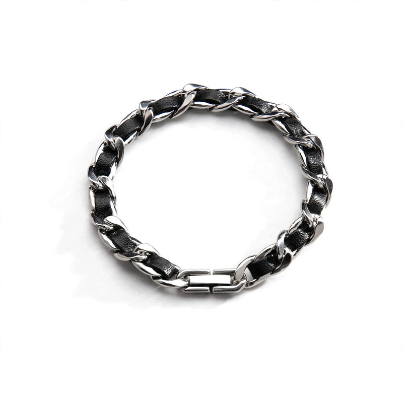 Silver-Tone Leather-Woven Curb Chain Bracelet - main product image