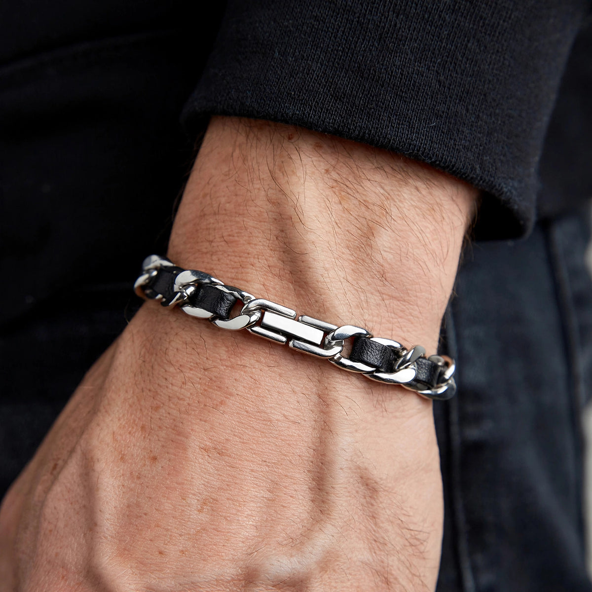 Silver-Tone Leather-Woven Curb Chain Bracelet - worn on model