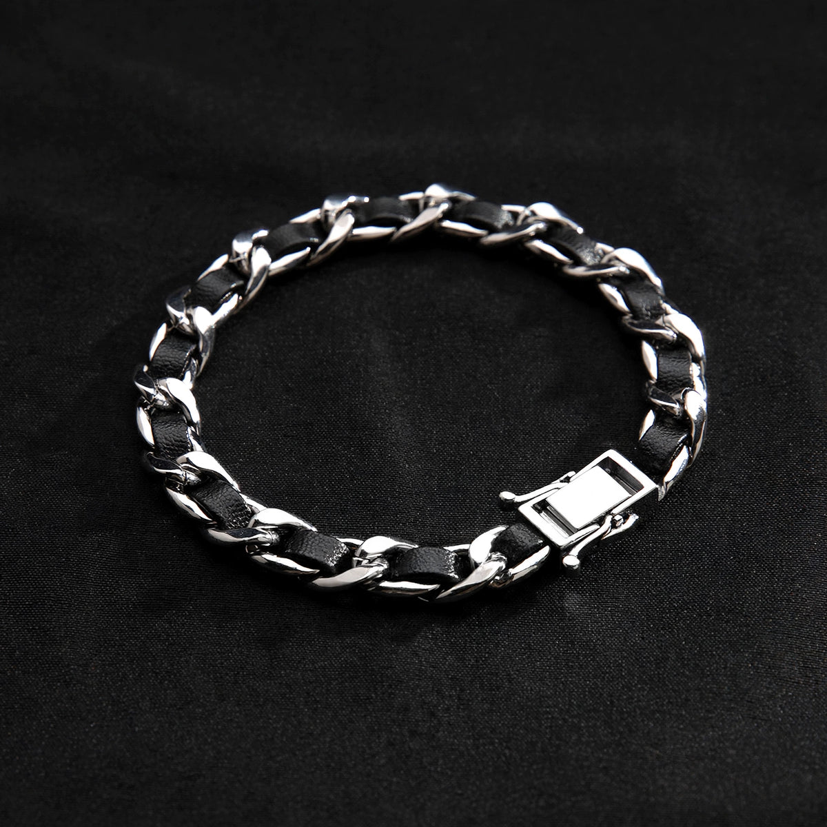 Silver-Tone Leather-Woven Curb Chain Bracelet - side angle