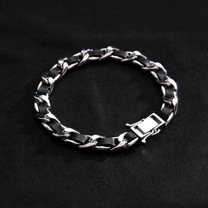 Silver-Tone Leather-Woven Curb Chain Bracelet - side angle