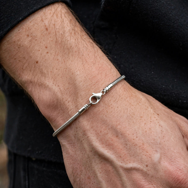 Silver-Tone Round Snake Chain Men's Bracelet
