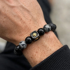 Beaded Stone Bracelet with Engraved Compass Cube