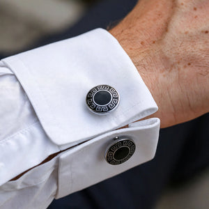 Silver-Tone Cufflinks with Black Enamel Greek Key Border