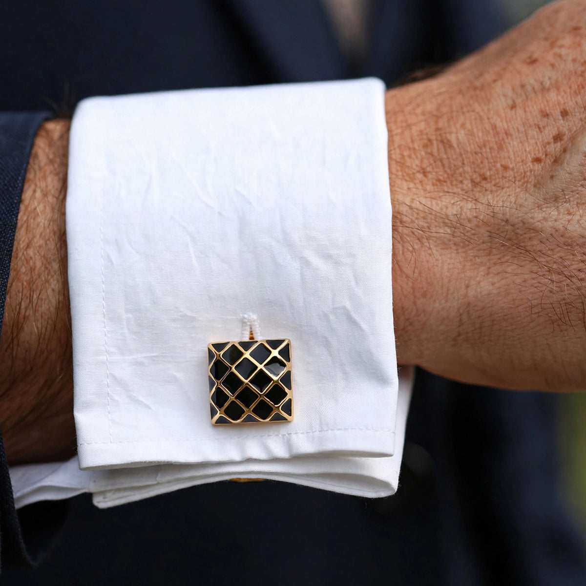 Gold-Tone Cufflinks with Black Enamel Quilted Grid