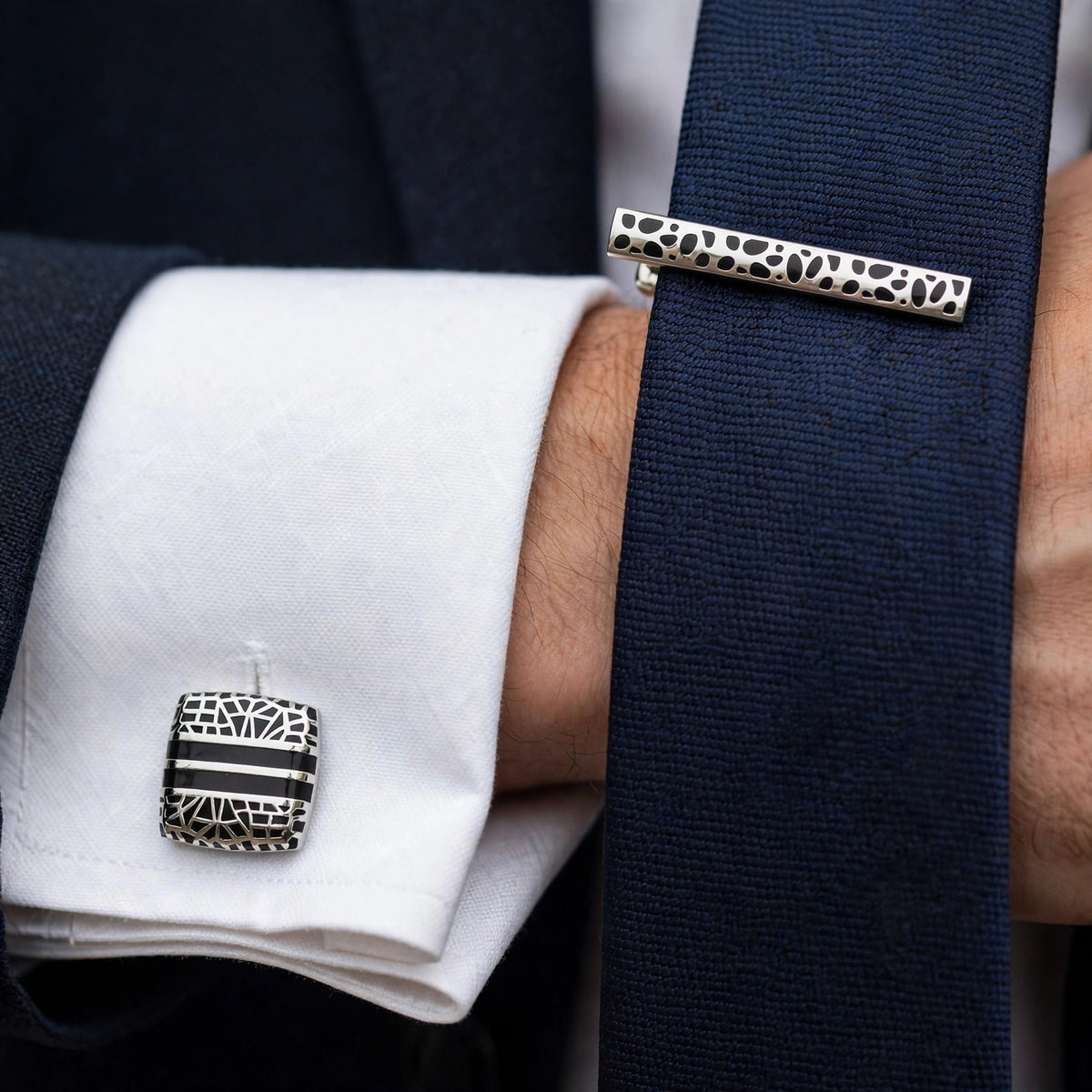 Silver-Tone Geometric Enamel Cut-Out Cufflink and Tie Clip Set