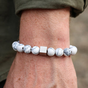 White Marble-Effect Bead Bracelet with Matte Cube