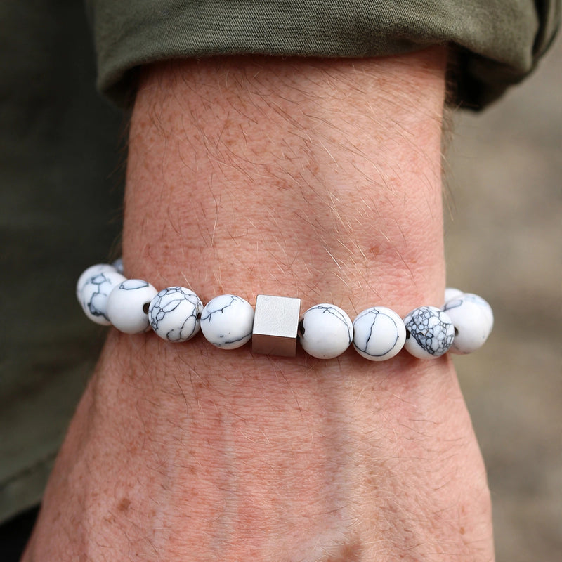 White Marble-Effect Bead Bracelet with Matte Cube