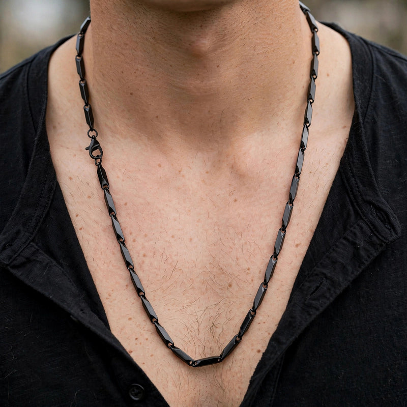 Black Steel Bead-Linked Bar Necklace