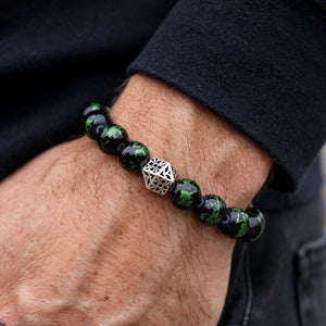 Black and Green Bead Bracelet with Openwork Silver-Tone Bead