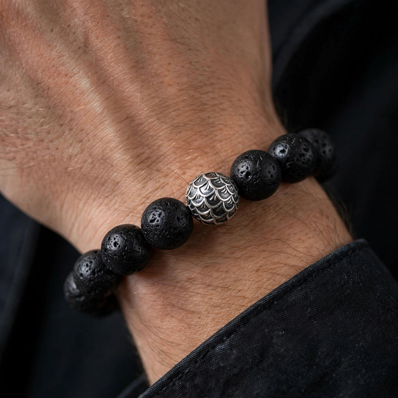 Lava Bead Bracelet With Scale-Engraved Silver-Tone Bead