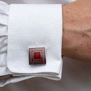 Red Enamel and Greek Key Border Cufflinks