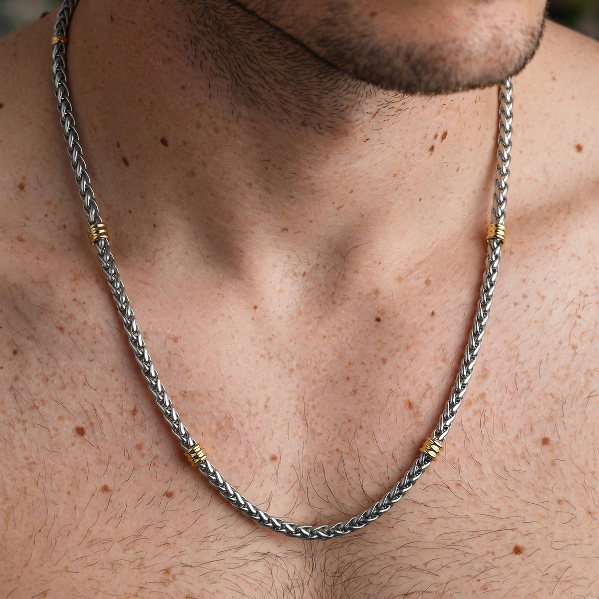 Silver-Tone Wheat Chain Necklace With Gold-Tone Steel Rings
