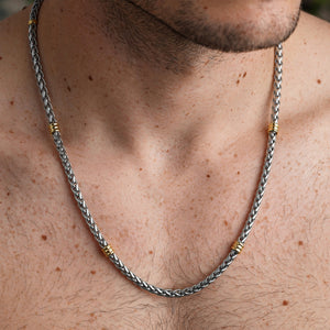 Silver-Tone Wheat Chain Necklace With Gold-Tone Steel Rings