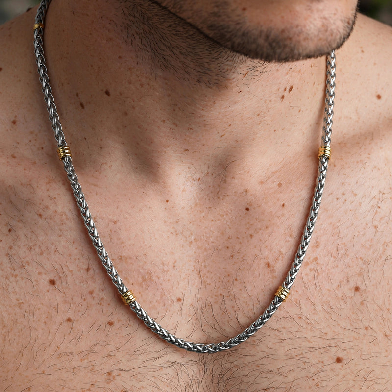 Silver-Tone Wheat Chain Necklace With Gold-Tone Steel Rings