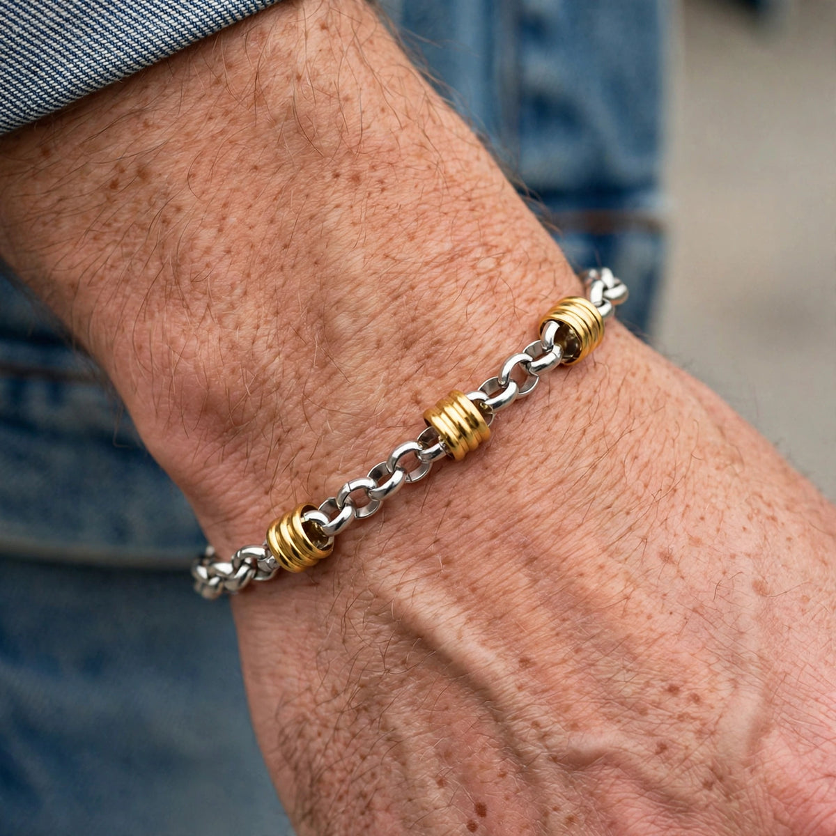 Silver-Tone Chain Bracelet with Gold-Tone Barrel Accents