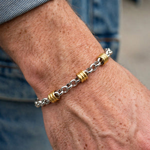 Silver-Tone Chain Bracelet with Gold-Tone Barrel Accents
