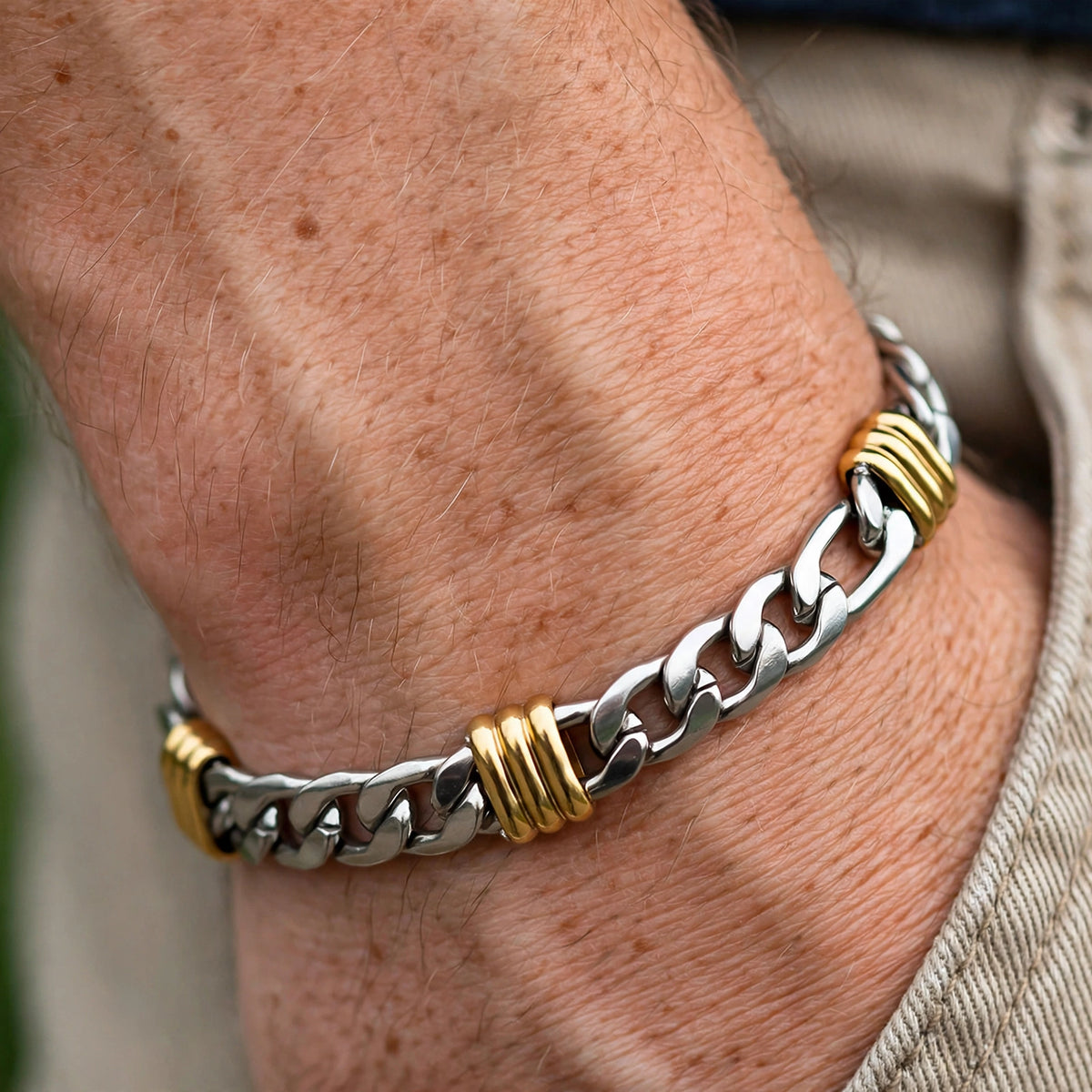 Silver-Tone Curb Link Bracelet With Gold-Tone Ribbed Stations