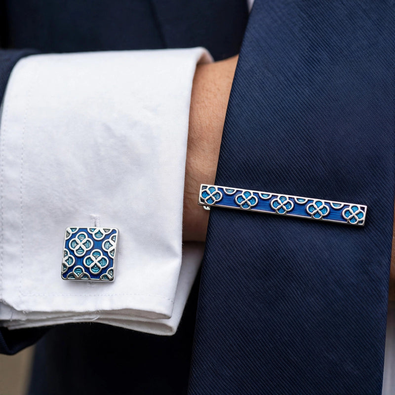 Silver-Tone Tie Clip and Cufflink Set with Blue Enamel Quatrefoil