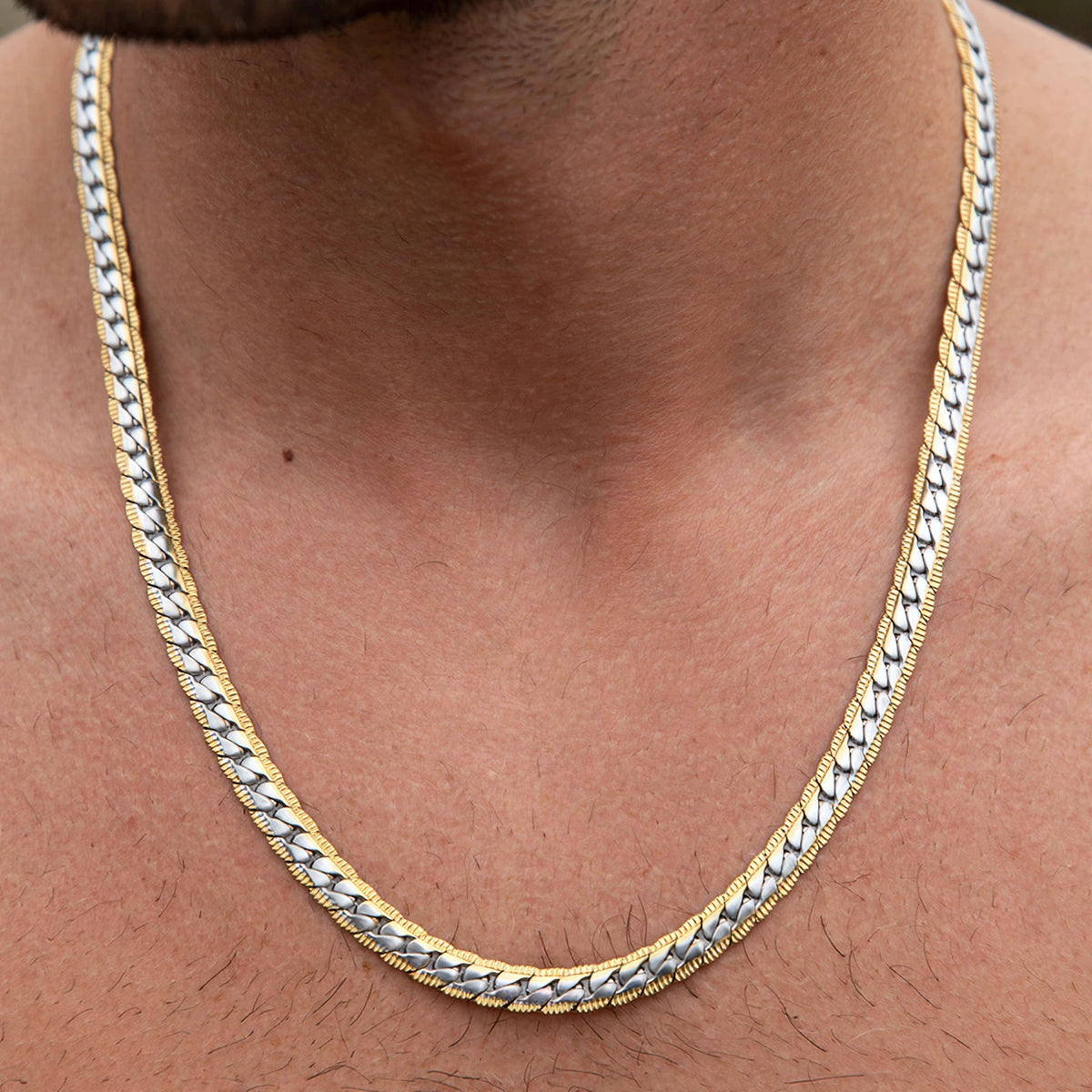 Men's Two-Tone Herringbone Link Necklace