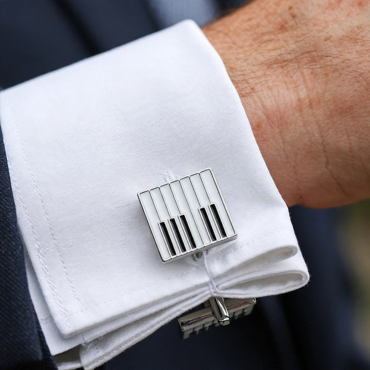 Silver-Tone Cufflinks with Piano Key Enamel Pattern