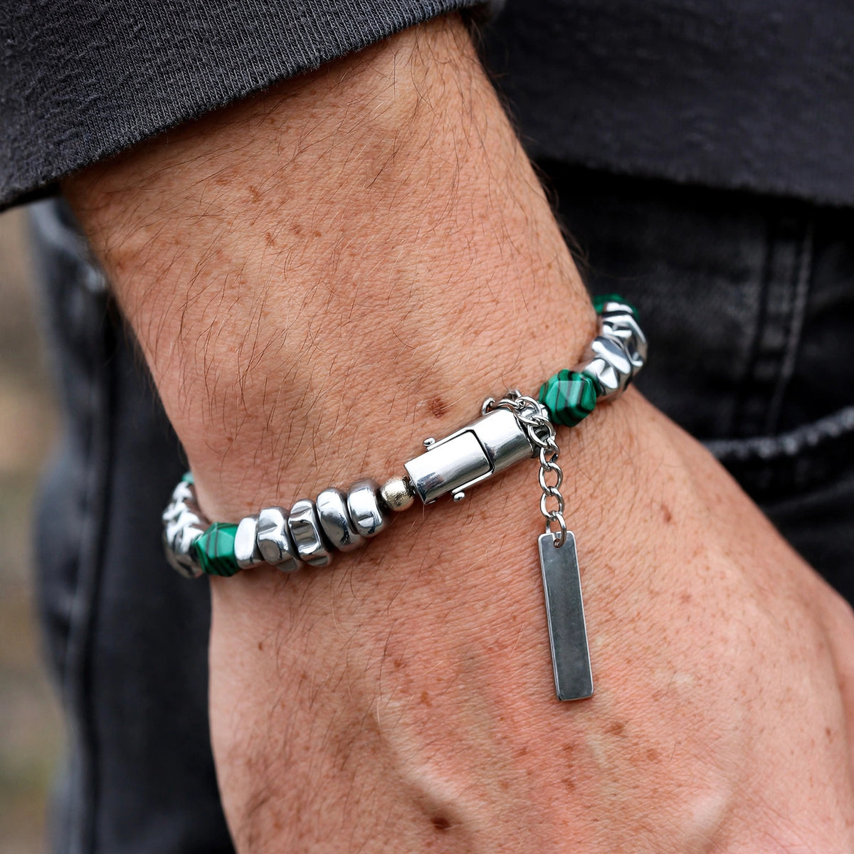 Malachite-Stone Bead and Steel Nugget Men's Bracelet