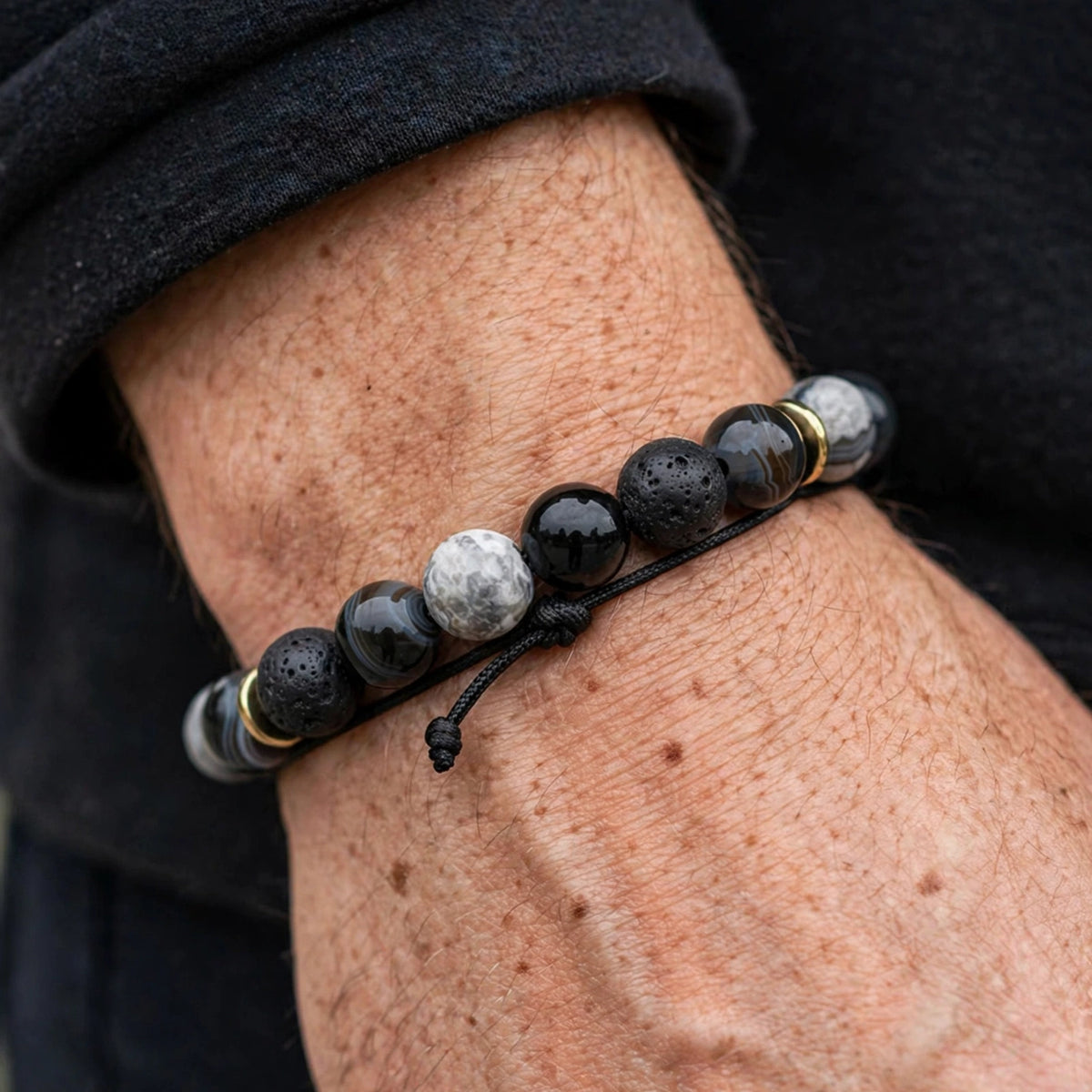 Men's Matte Lava Stone And Polished Agate Bracelet