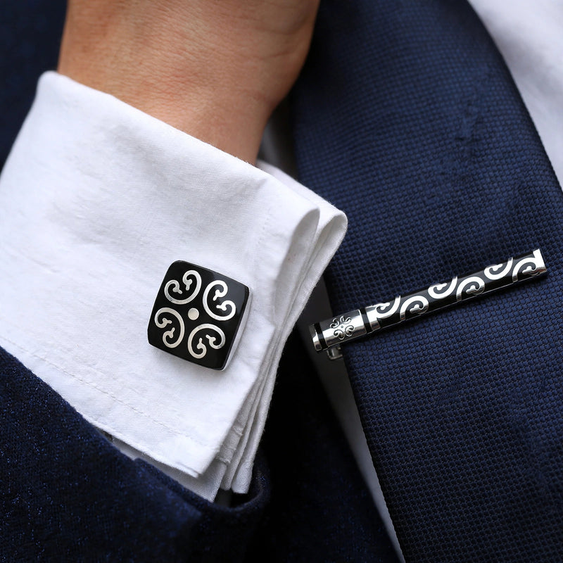 Silver-Tone Cufflink and Tie Clip Set with Scrollwork Enamel Inlay