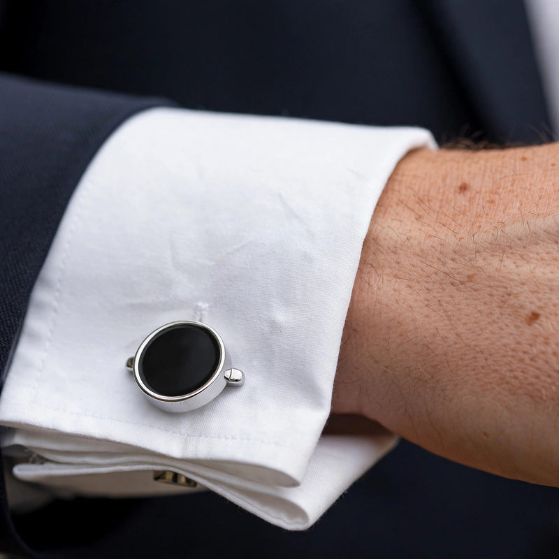 Silver-Tone Cufflinks with Black Enamel Inlay