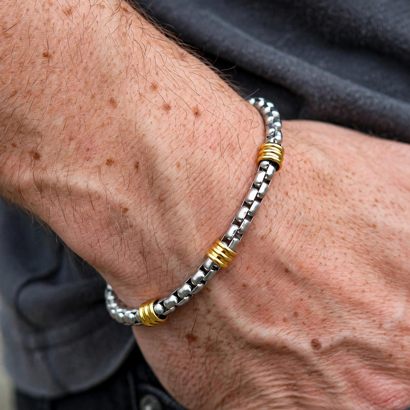 Silver-Tone Box Chain Bracelet With Gold-Tone Ribbed Stations
