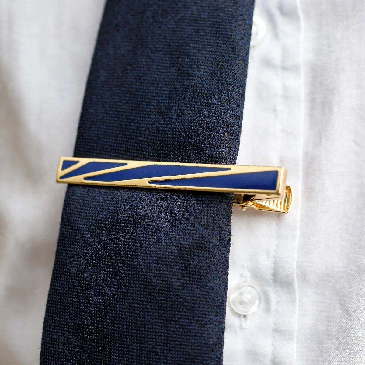 Gold-Tone Tie Clip with Blue Enamel Inlay