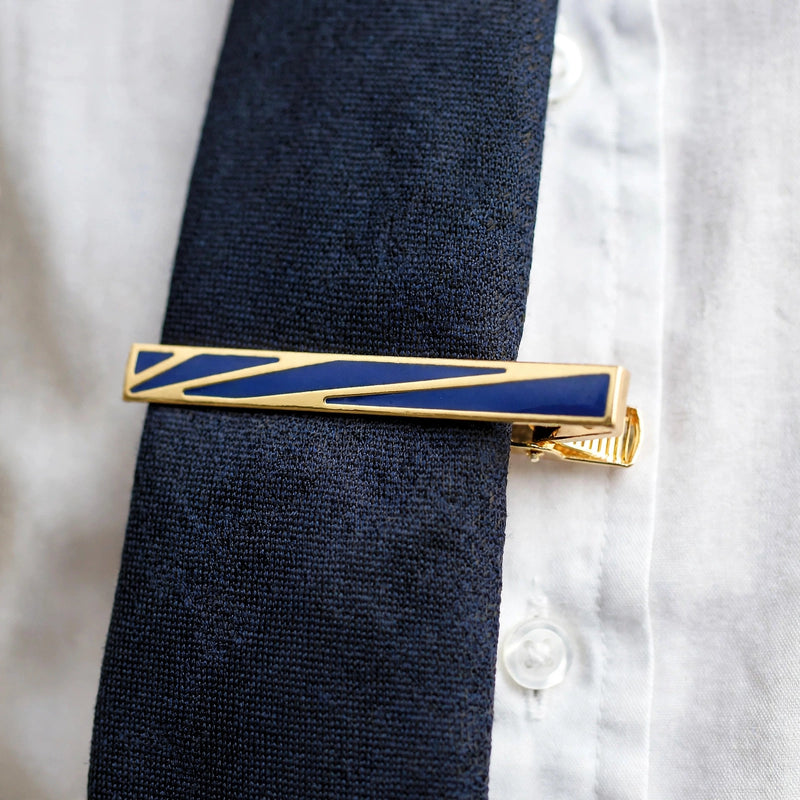 Gold-Tone Tie Clip with Blue Enamel Inlay
